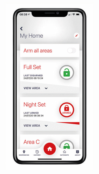 Pyronix alarm mobile app showing smart alarm management controls
